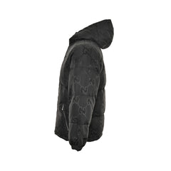Dark pattern jacquard canvas hooded down jacket