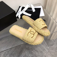 Raffia woven leather half slippers