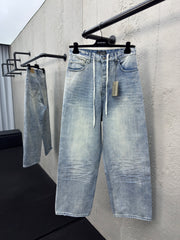 Drawstring washed wrinkled straight jeans