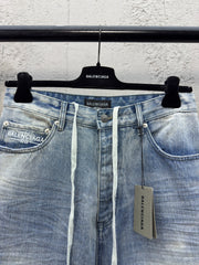 Drawstring washed wrinkled straight jeans