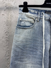 Drawstring washed wrinkled straight jeans