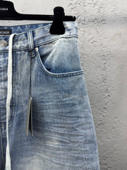 Drawstring washed wrinkled straight jeans