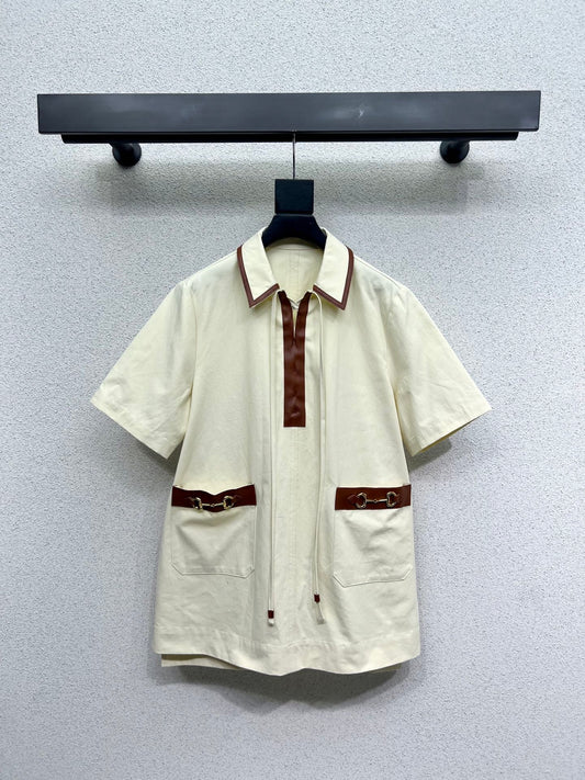 Leather patchwork short-sleeved dress