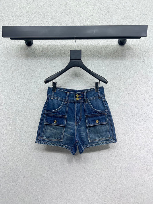 High waist belt loop pocket decorated denim shorts
