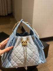 Drawstring denim bucket bag