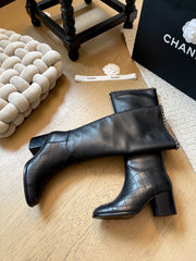 Chain leather chunky heel boots