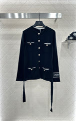 Contrast-Color Belted Knit Cardigan