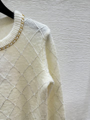 Diamond chain crewneck knit long-sleeved top