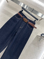 Belted Straight-Leg Denim Pants