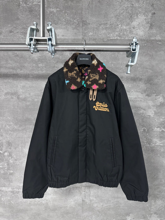 Printed fur collar jacket