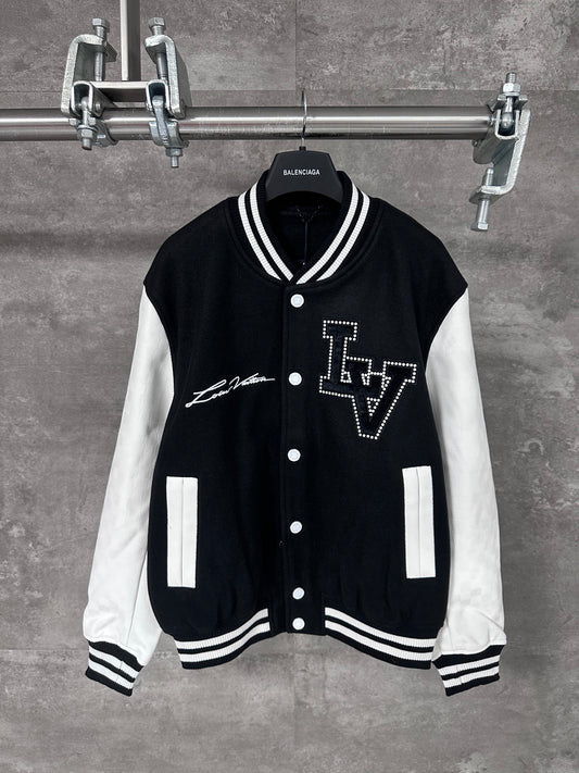 Pearl Faux Leather Sleeve Baseball Jacket