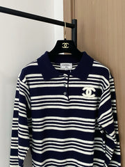 Contrast striped lapel knit long sleeves