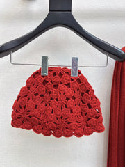 V-neck cardigan + floral hollow knit hat