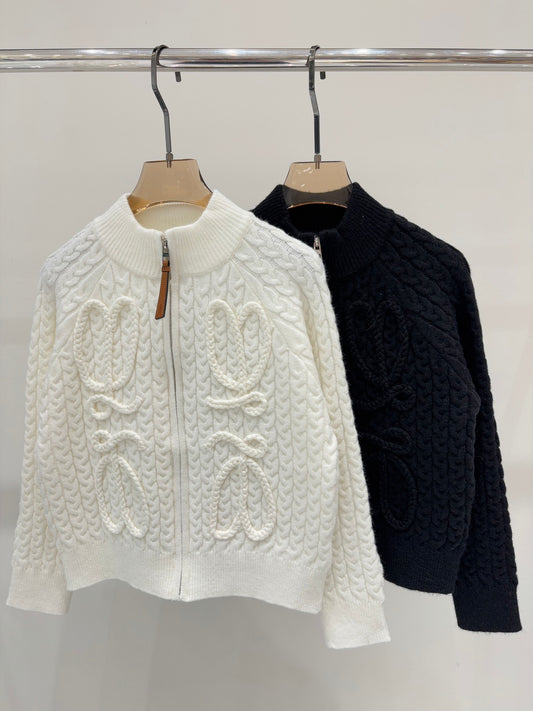 Simple cable-knit leather zipper casual knitted cardigan