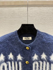 Contrast color five-pointed star round neck knitted long-sleeved cardigan