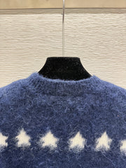 Contrast color five-pointed star round neck knitted long-sleeved cardigan