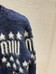 Contrast color five-pointed star round neck knitted long-sleeved cardigan