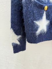 Contrast color five-pointed star round neck knitted long-sleeved cardigan
