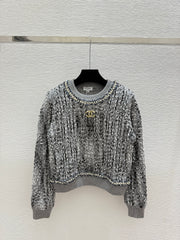 Jacquard beaded round neck knitted long sleeves