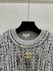 Jacquard beaded round neck knitted long sleeves