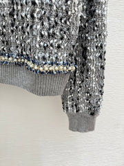 Jacquard beaded round neck knitted long sleeves