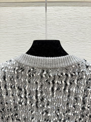 Contrast beaded crew neck knitted long-sleeved cardigan