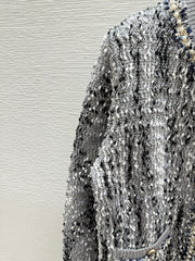 Contrast beaded crew neck knitted long-sleeved cardigan