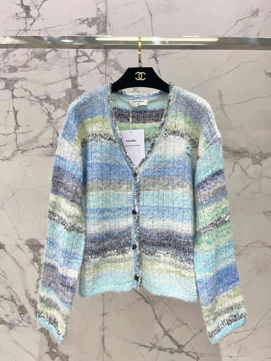 Gradient Stripe Mohair V-Neck Knit Cardigan