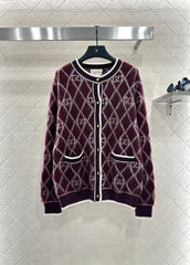 Round neck diamond jacquard knit cardigan