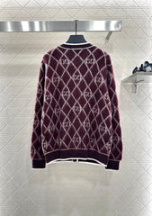 Round neck diamond jacquard knit cardigan