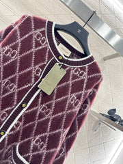Round neck diamond jacquard knit cardigan