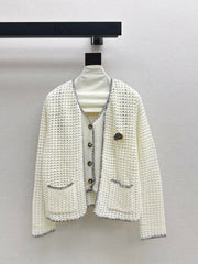 Hollow-knit cardigan two-piece set