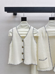 Hollow-knit cardigan two-piece set