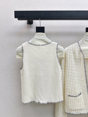 Hollow-knit cardigan two-piece set