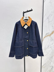 Contrast-color corduroy lapel denim jacket
