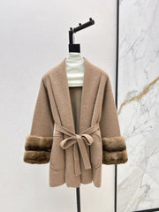 Fur collar, pocket mid-length sweater