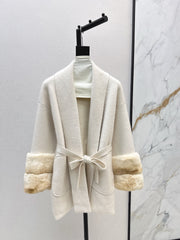 Fur collar, pocket mid-length sweater