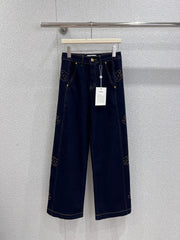 Side Embroidered Vintage Washed Denim Pants