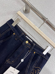 Side Embroidered Vintage Washed Denim Pants