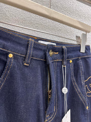 Side Embroidered Vintage Washed Denim Pants