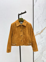 Suede lapel leather jacket with horseshoe buckle detailing