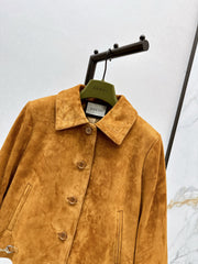 Suede lapel leather jacket with horseshoe buckle detailing