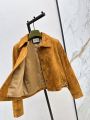 Suede lapel leather jacket with horseshoe buckle detailing