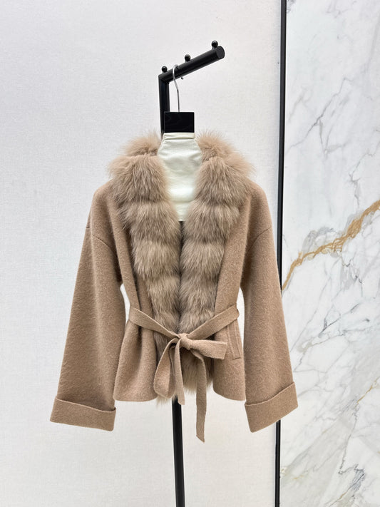 Fox fur-trimmed knitted coat