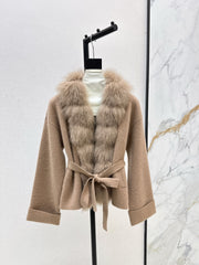 Fox fur-trimmed knitted coat