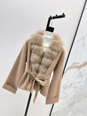 Fox fur-trimmed knitted coat