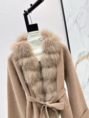 Fox fur-trimmed knitted coat