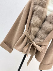 Fox fur-trimmed knitted coat