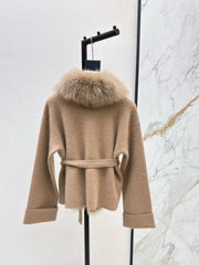 Fox fur-trimmed knitted coat