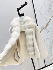 Fox fur-trimmed knitted coat